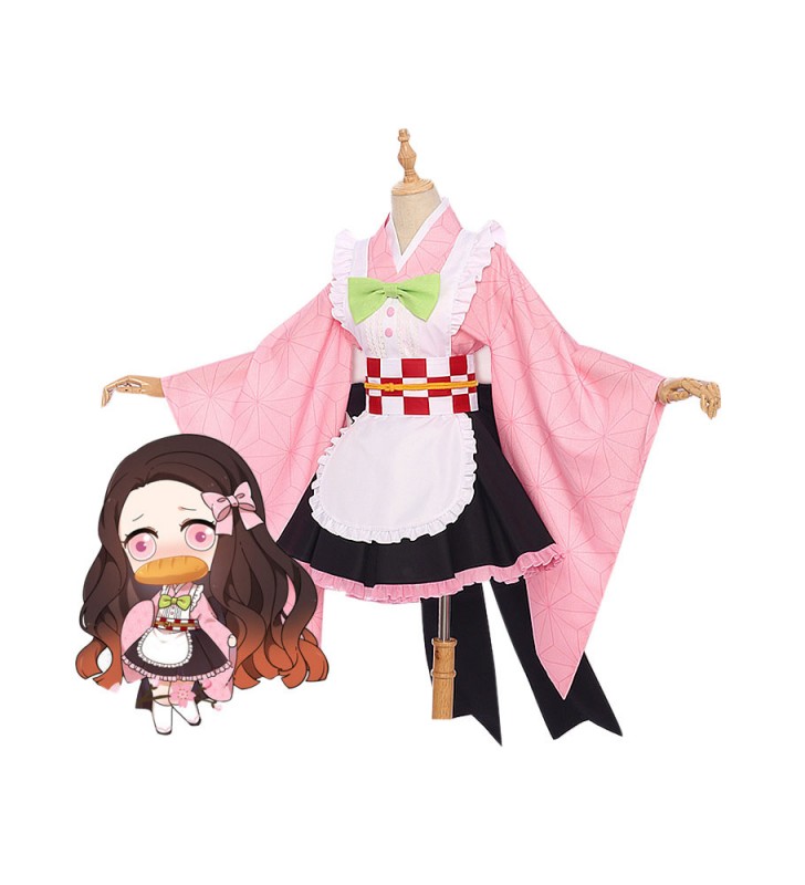 Demon Slayer: Kimetsu no Yaiba Kamado Nezuko Pink Kimono Maid Dress Costumi Cosplay Carnevale