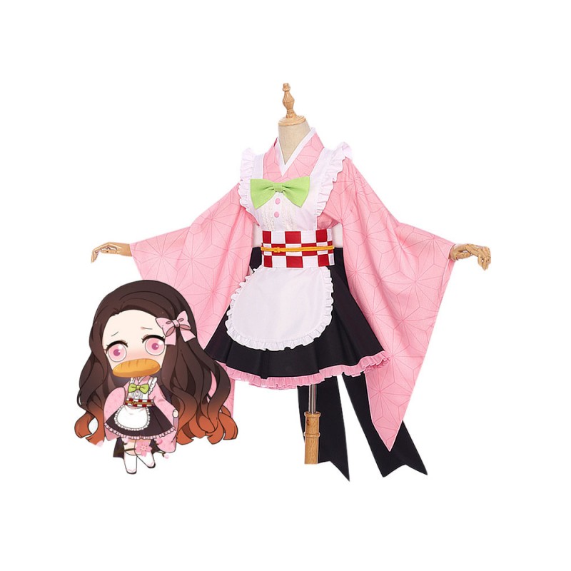 Demon Slayer: Kimetsu no Yaiba Kamado Nezuko Pink Kimono Maid Dress Costumi Cosplay Carnevale