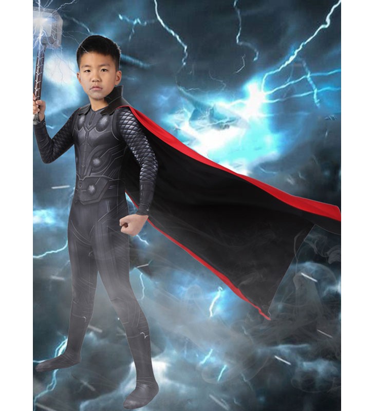 Thor per bambini Tuta intera in Lycra Spandex nera Costumi da supereroe magro Costumi Cosplay Carnevale