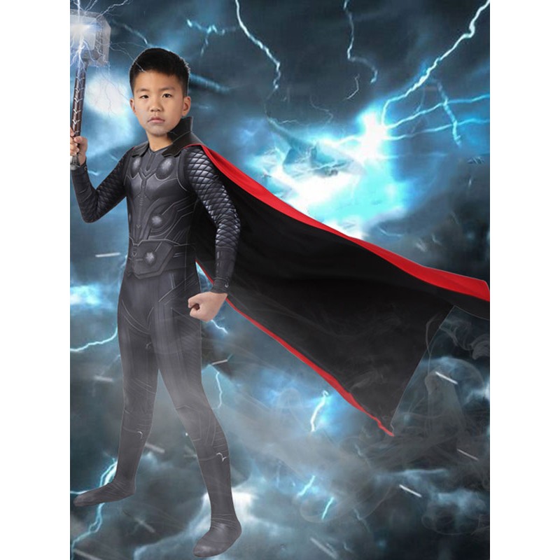 Thor per bambini Tuta intera in Lycra Spandex nera Costumi da supereroe magro Costumi Cosplay Carnevale