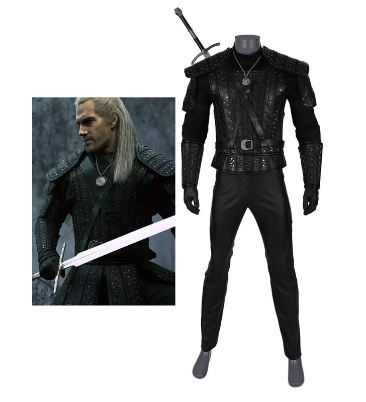 The Witcher Cosplay Geralt of Rivia Completo in pelle nera con set completo di costumi Halloween