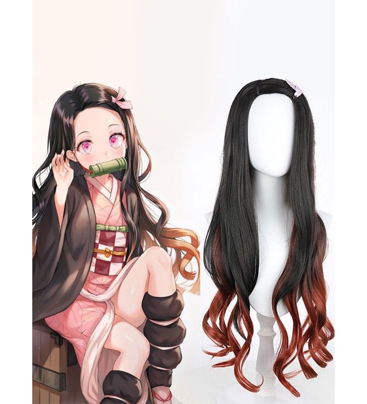 Demon Slayer: Kimetsu no Yaiba Kamado Nezuko Cosplay Parrucca riccia di media lunghezza Carnevale Halloween
