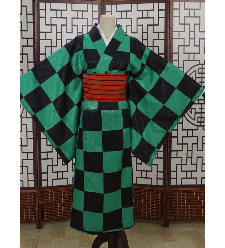 DEMON SLAYER KIMETSU NO YAIBA KAMADO TANJIRO Green Plaid Pattern Kimono Costume Costumi Cosplay Halloween
