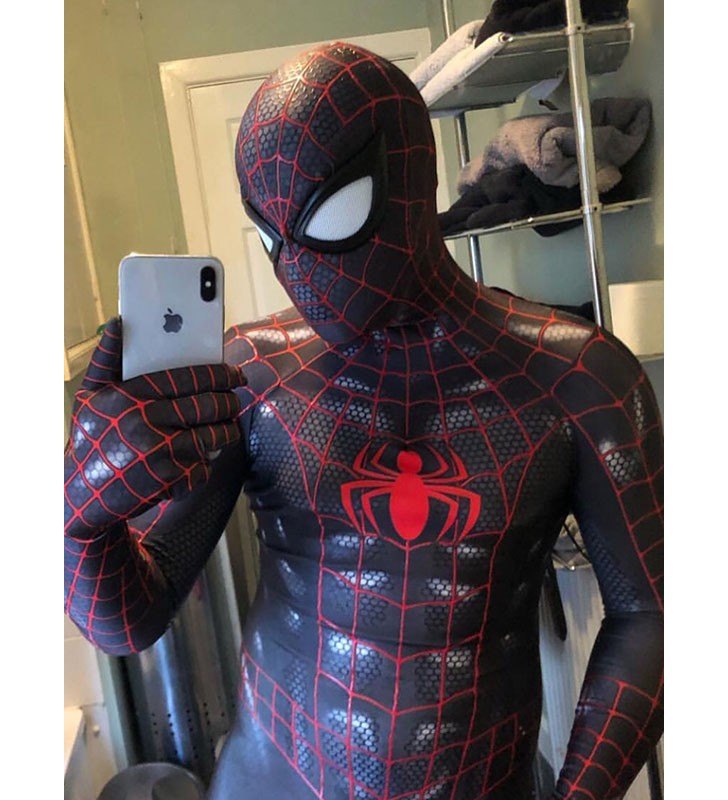 Spider Man Cosplay SpiderMan nero con tuta cosplay linea rossa Carnevale Halloween