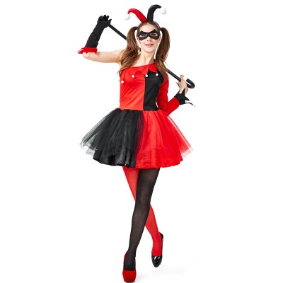 Costume Holloween Costumi da donna rossi Harley Quinn Copricapi Calze fino al ginocchio Costumi di vacanze di Costume Carnevale Halloween