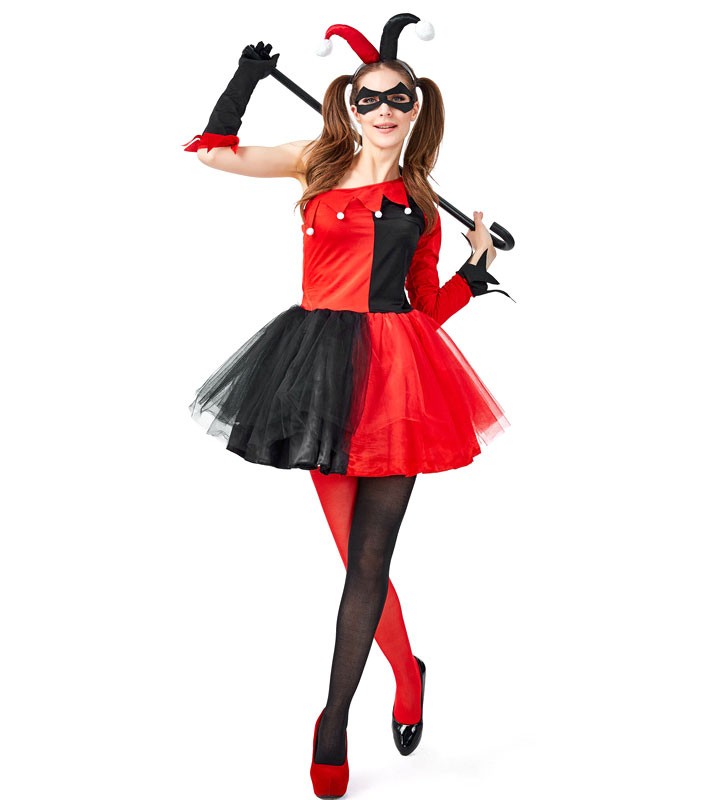 Costume Holloween Costumi da donna rossi Harley Quinn Copricapi Calze fino al ginocchio Costumi di vacanze di Costume Carnevale Halloween