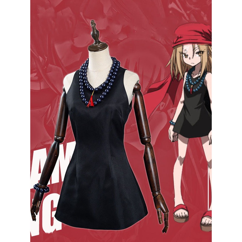 Shaman King Anna Kyoyama Abito corto nero Collana con fascia Bracciale Set 4 pezzi Costume Set completo Costumi Cosplay Halloween